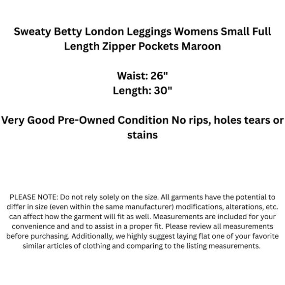 Sweaty Betty London Leggings Womens Small Full Length Zipper Pockets Maroon - Picture 3 of 16